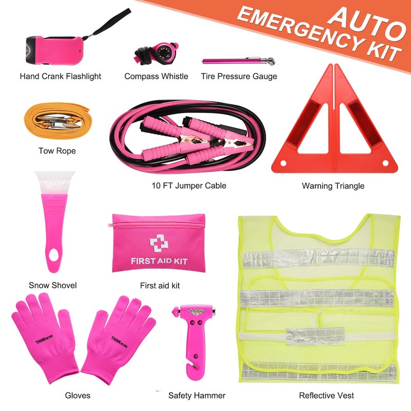 THINKWORK Car Emergency Kit for Teen Girl and Lady's Gifts, Pink Emergency Roadside Assistance kit with 10FT Jumper, First Aid Kit, Safety Hammer, Tow Rope, and More Ideal Pink Car Accessories Tool - Image 2